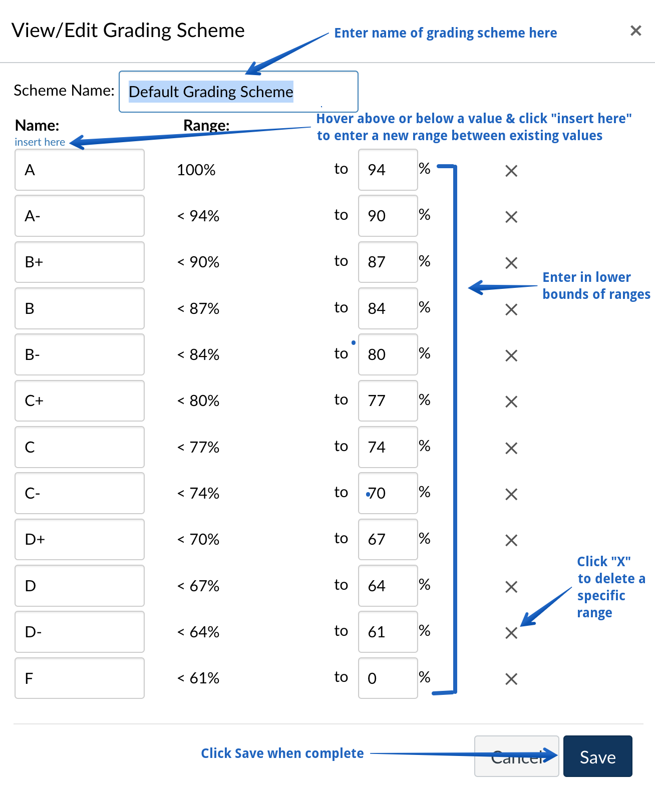 Setting up a letter grade grading table